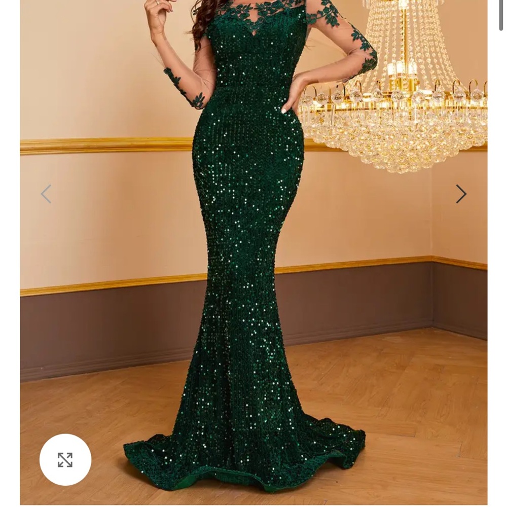 Green Velvet with Sequin Gown Sheer Sleeves Formal Homecoming Dance Party Formal
